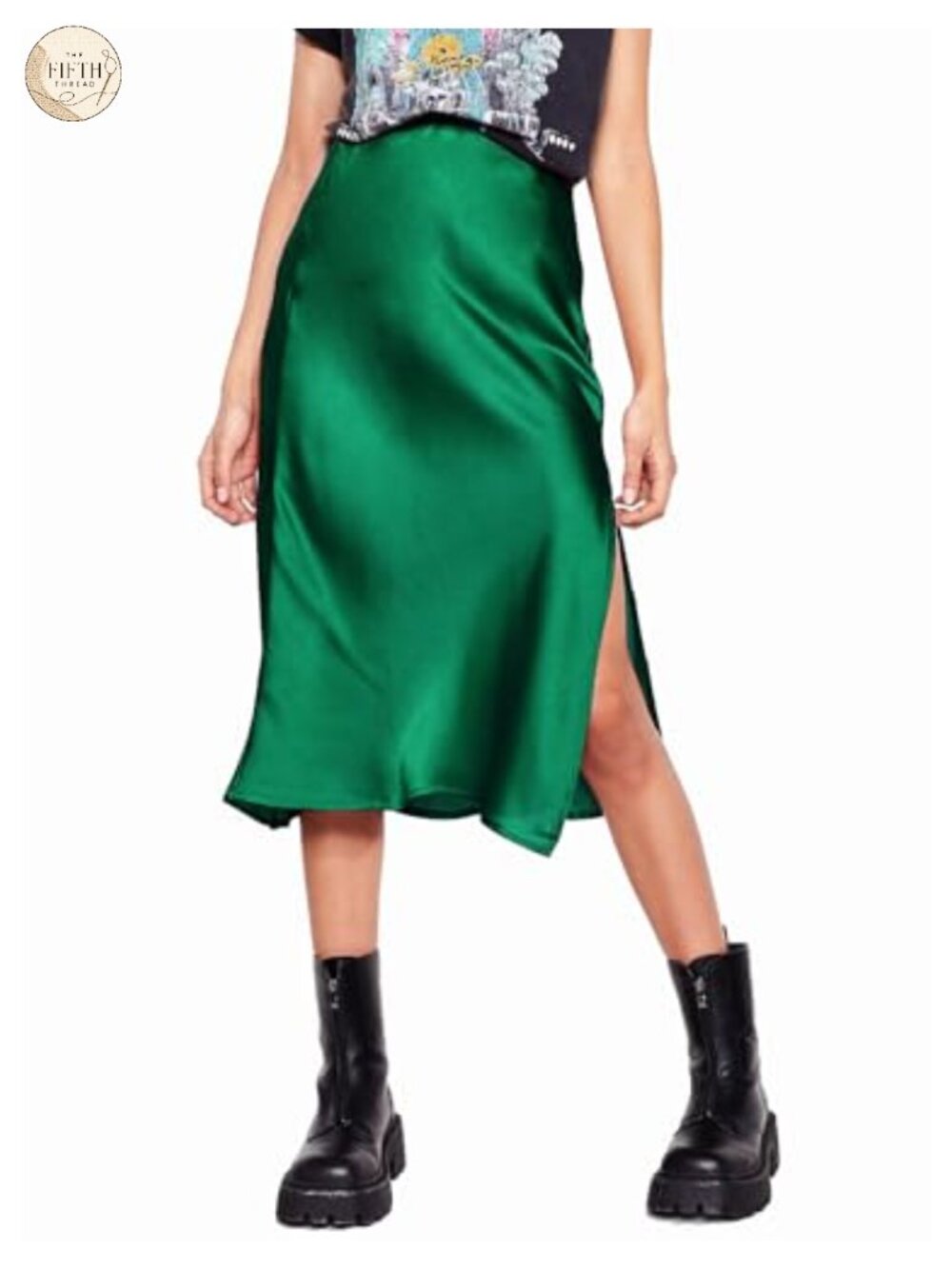 Satin Silk High Waist Slit Midi Skirt Elastic Waistband Flowy